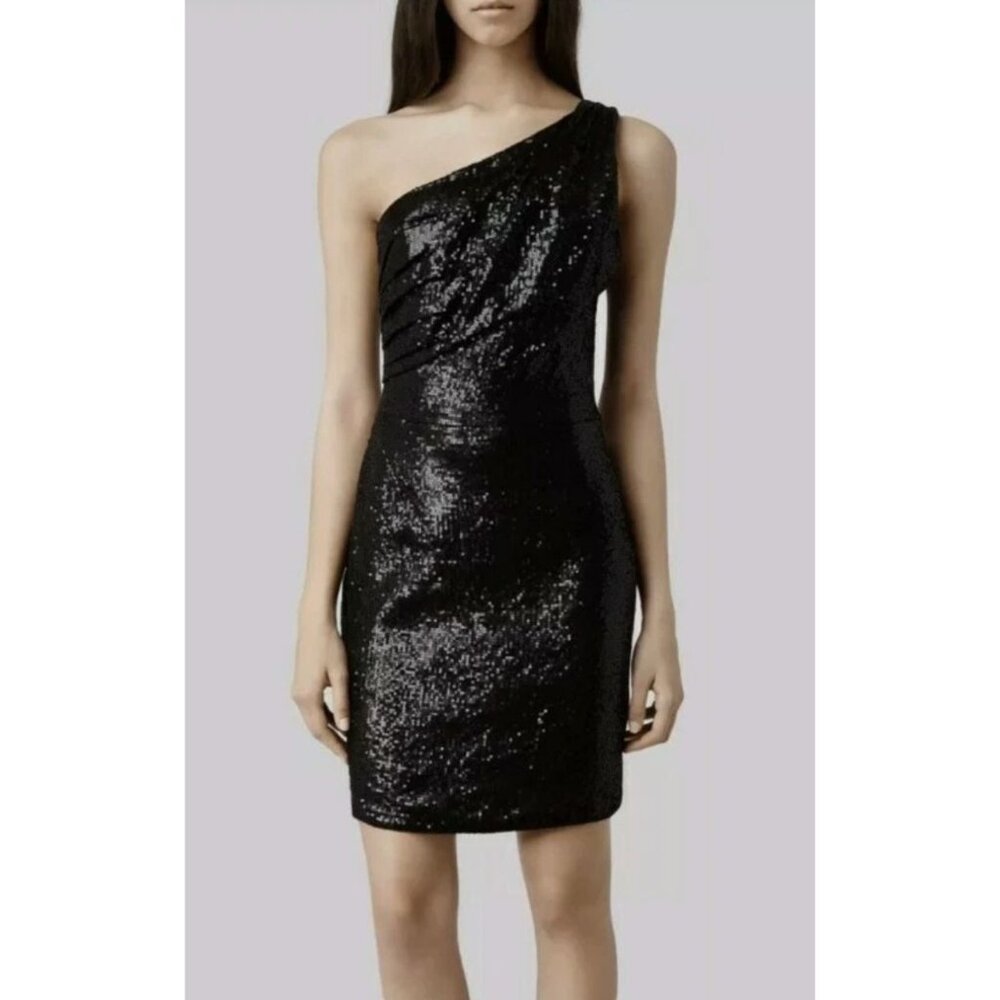 NWT AllSaints Cassis One Shoulder Black Sequin Mini Dress Sz US 2 $360 [jb]